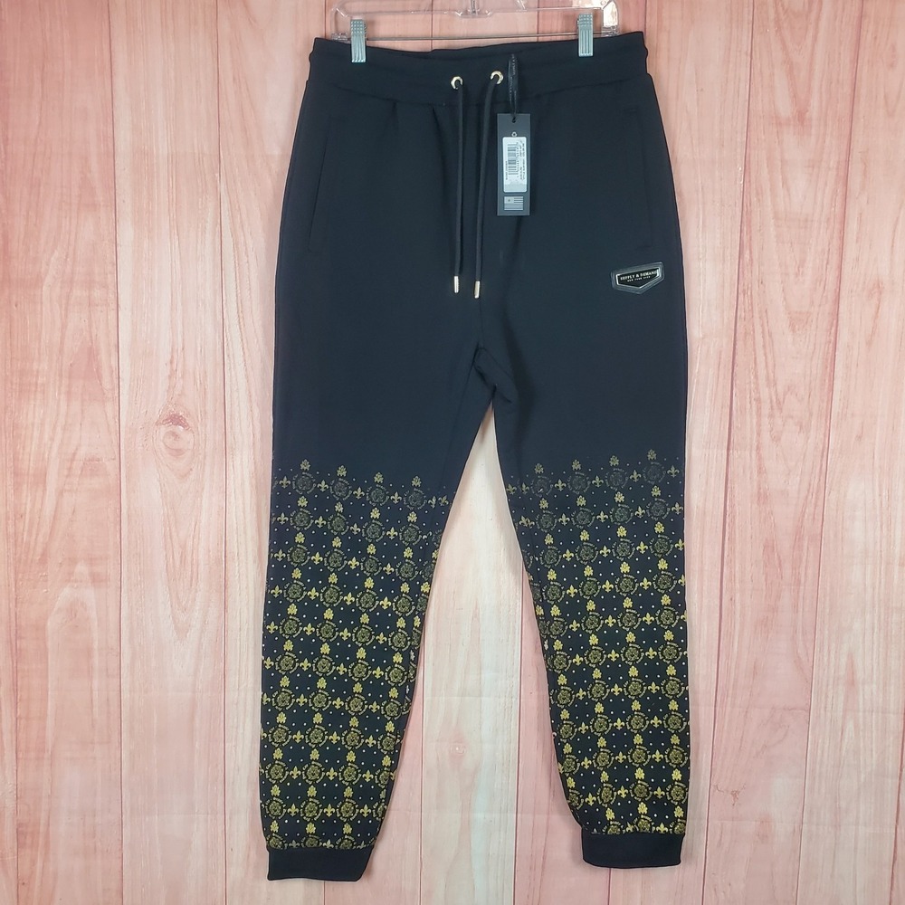 Supply & Demand Jogger Pants Men XL Black Monogram Print Fleece Lined Drawstring